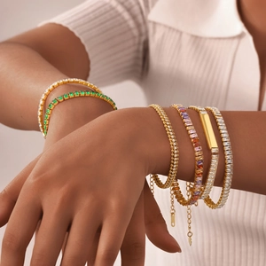 Luxurious gold stainless steel bracelets set with white and green zircon for women