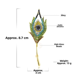 Detailed view of peacock feather brooch with colorful rhinestones and pearl pendant