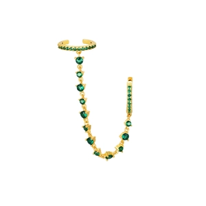 Elegante orecchino a catena con polsino dorato e zirconi cubici verde smeraldo lucido