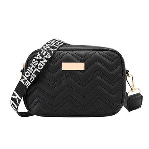 Classic black V-quilted faux leather crossbody bag with a wide jacquard letter strap