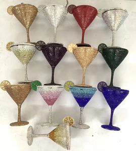 Selection of crystal martini glass evening bags in gold, silver, red, and blue colors