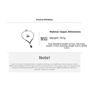 Detailed spec sheet for water drop pearl necklace and earring set with dimensions