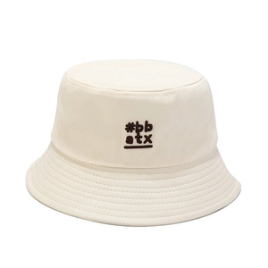 Classic cream cotton bucket hat with minimalist dark brown letter embroidery on front