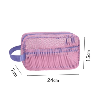 Detail view of purple mesh beach toy bag showing 24x15x7cm size dimensions