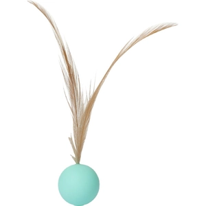 Mint green silicone cat toy ball with natural feathers for interactive indoor play and biting