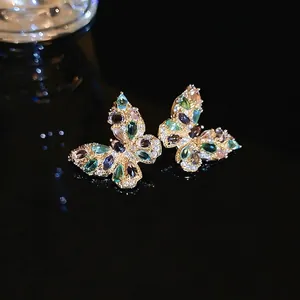 Colorful Zircon Butterfly Stud Earrings Vintage French Style Copper Jewelry With 925 Sterling Silver Earring Post