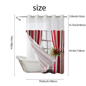 Christmas shower curtain with mesh top and red stripes, 180x188cm size dimensions