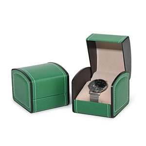 Green lychee grain PU leather curved watch box with beige flocking interior and white stitching