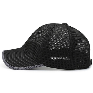 Men's summer black mesh baseball cap with breathable fabric and grey brim piping