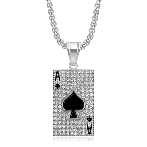Silver stainless steel Ace of Spades poker pendant necklace with sparkling rhinestones