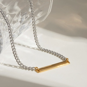 Stainless Steel Two-Tone Gold Silver Bar Pendant Necklace Curb Chain Minimalist Jewelry For Women Daily Fashion Neck Accessory
