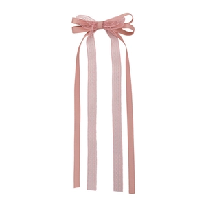 Pale pink lace bow hair clip with long ribbons in balletcore style for women