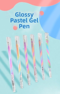 Detailed macro view of 6 pastel gel pens featuring unique rainbow swirling ink refills