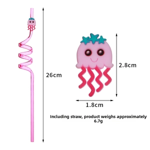 Detailed dimensions of pink spiral straw with cartoon jellyfish ornament and size markings