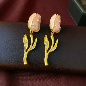 Boucles D'oreilles Tulipes Vintage Émail Strass Imitation Künstliche Perle Avec Tige En Argent Sterling 925 Bijoux Élégants