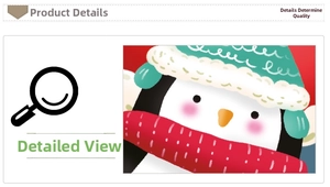 Close-up of cute cartoon penguin decal with festive green knit hat and red winter scarf
