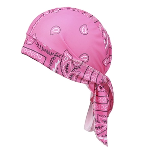 Pink elastic durag with paisley pattern featuring long straps for sports and fashion