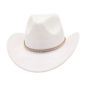 Close-up of white wool cowboy hat with luxurious double pearl and rhinestone hatband