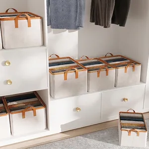 Foldable Clothing Storage Bin Polyester Blend Fabric With Steel Frame PU Leather Handles Wardrobe Closet Organizer Box