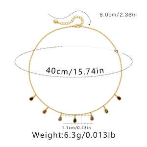 Detailed size chart for the gold necklace showing teardrop charms and chain measurements