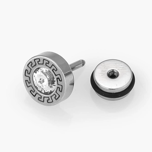 Polished stainless steel stud earrings with Greek key pattern and cubic zirconia stones