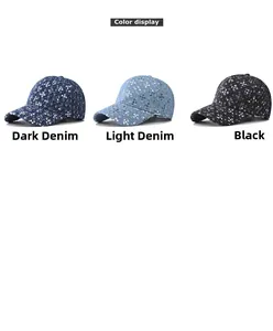 Three sequined baseball caps in dark blue, light blue, and black shown in color display