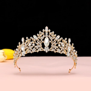 Golden baroque crown for brides featuring marquise rhinestones and alloy leaf patterns