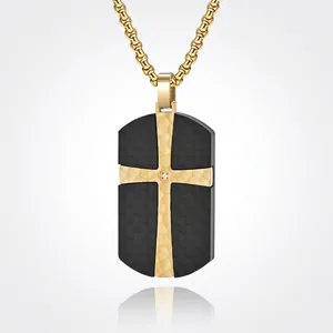 Collana Con Pendente A Croce Da Uomo Acciaio Inossidabile Fibra Di Carbonio Trama Martellata Gioielli Hip Hop Rock