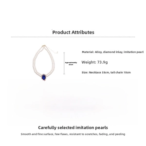Detail view of pearl choker with blue oval gem pendant including dimensions and material