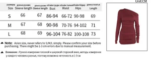 Size chart for the burgundy one-shoulder ruched bodycon dress with sleeve measurements