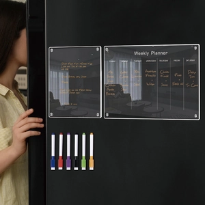Set including weekly planner, blank acrylic board and 6-color markers on fridge