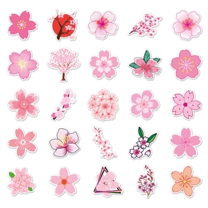 Close-up of 25 unique pink cherry blossom stickers in various watercolor and flat styles