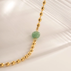 French style 18K gold stainless steel chain with green gemstone and oval beads