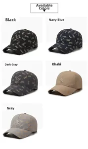 Detail view of quick-dry baseball caps in black, navy, grey, and khaki with sport prints