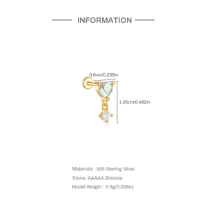 Detail view of S925 sterling silver labret earring with heart opal and AAAAA zirconia stones