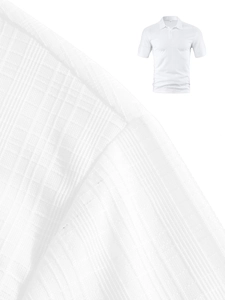 Detail of white men's polo shirt showing lightweight micro-check texture and polo collar