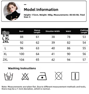 Size guide with measurements and washing care instructions for this slim fit tassel jacket