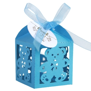Blue laser-cut baby shower gift box with bear hollow design, ribbon and thank you tag