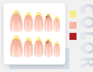 Detail of almond nails featuring yellow French tips and 3D cherry art on a pink base