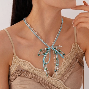 Layered Bowknot Necklace Beaded Faux Artificial Pearl Crystal Stainless Steel Chain Y2K Aesthetic Jewelry Women Blue
