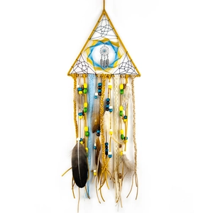 Handmade triangle dream catcher with yellow thread, colorful beads and natural feathers
