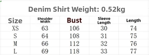 Size chart showing measurements for denim shirt and wide-leg pants set in CM