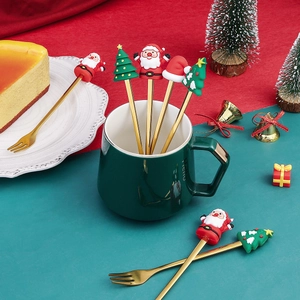 6-piece gold stainless steel Christmas dessert forks with festive silicone handles