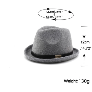Classic grey wool fedora hat with dimensions 56-58cm circumference and 12cm height