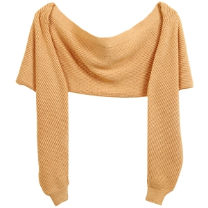 Detailed flat lay of khaki knitted shrug with ribbed texture and off-shoulder design