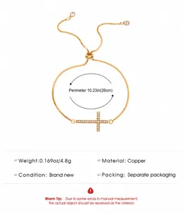Detailed size and weight specs for the adjustable golden hip-hop cross bracelet