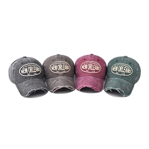 Washed vintage baseball caps with embroidery in grey, brown, burgundy, and green colors