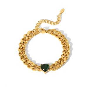 Bracelet à maillons gourmette en acier doré poli avec une pierre précieuse cœur vert