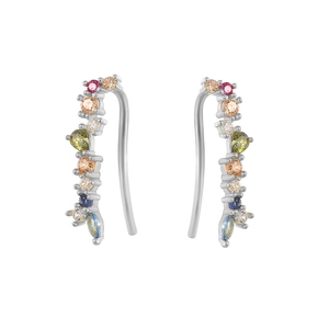 Macro detail of S925 sterling silver ear crawlers with colorful zircon stones