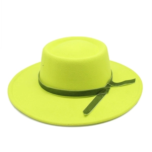Neon yellow wool felt fedora with olive velvet ribbon band and stylish flat top design